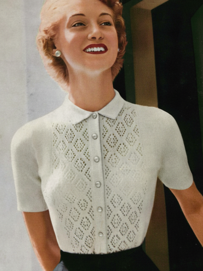 Vintage 1950s Knitting Pattern- pretty lace stitch front  blouse sweater