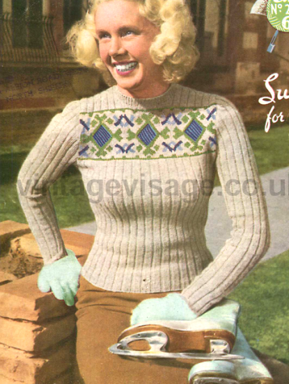 Vintage 1940s Knitting Pattern- pretty wartime skating sports sweater