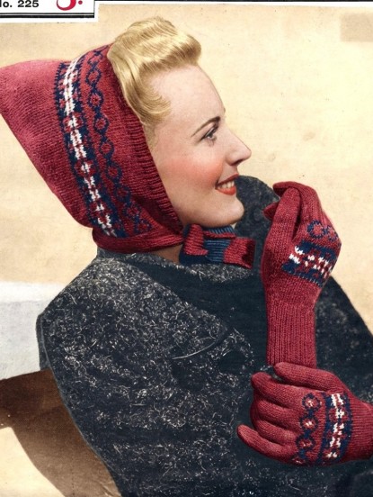 Vintage 1940s Knitting Pattern- fair isle pixie hood hat and gloves