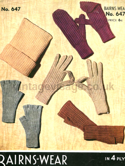 Vintage 1940s Knitting Pattern- mens fingerless gloves, scarf hat etc