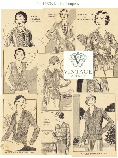 11 vintage knitting paterns for sweaters and pullovers from the 1930s