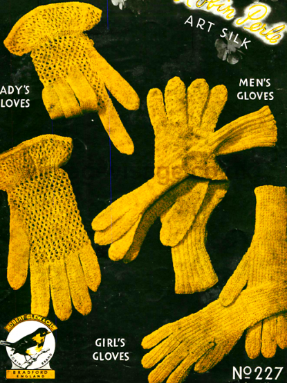 Vintage 1930s Knitting Pattern- 3 pairs gloves made with 2 needles