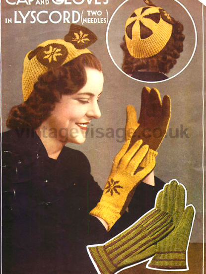 Vintage 1930s Knitting Pattern- Art Deco style Cap hat and gloves