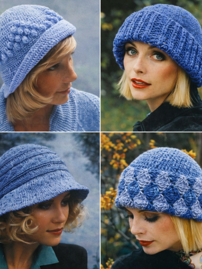 Vintage Knitting & Crochet Pattern 4 stylish warm hats in DK - 2 knitted 2 crochet