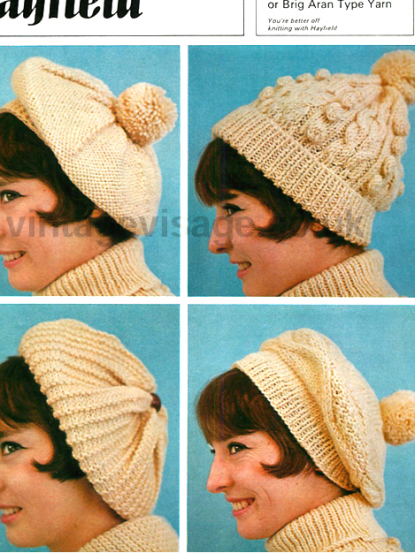 Vintage Knitting Pattern 4 Aran Hats 1960s/1970s