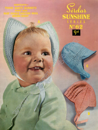 3 Vintage baby bonnets to knit- vintage knitting pattern