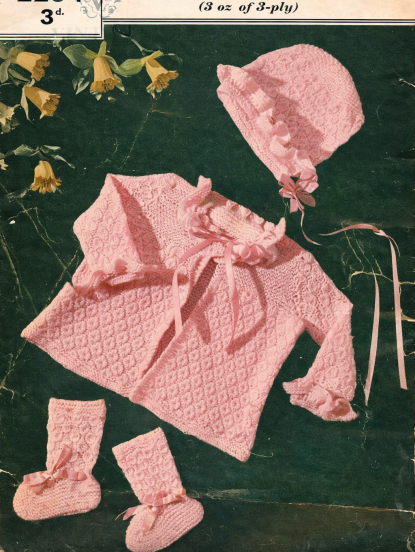 Baby lace stitch matinee coat,bonnet, booties knitting pattern- vintage 1940s pdf download