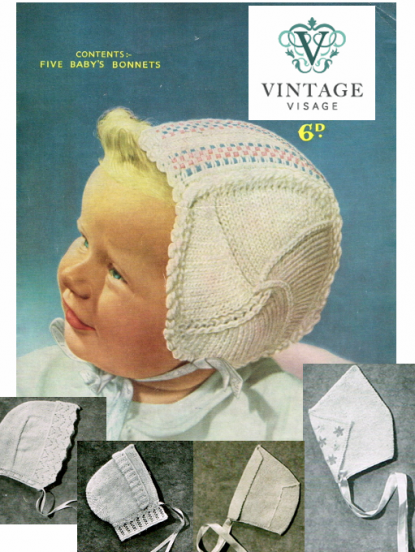 5 vintage babies bonnets to knit- knitting pattern pdf