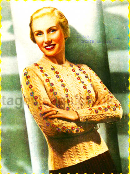 Vintage 1940s Knitting Pattern- embroidered flowers jacket cardigan