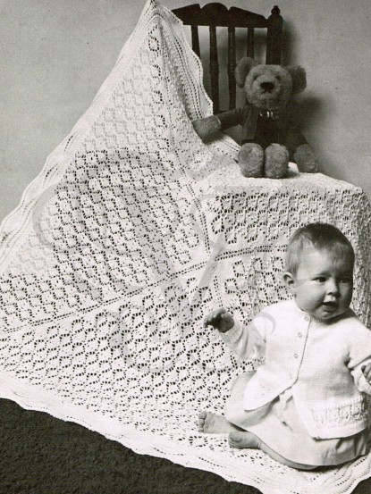 Vintage PDF knitting pattern for lace stitch square baby shawl