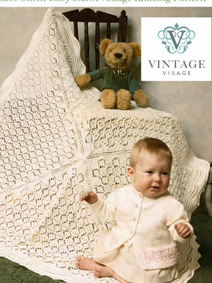 Vintage PDF knitting pattern for lace stitch square bab...