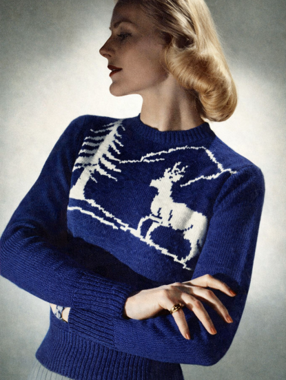 Vintage 1940s ladies christmas reindeer jumper knitting...
