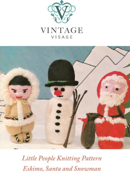 Vintage knitting pattern for cute little snowman, santa...