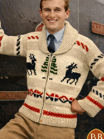 Mens Christmas reindeer jacket vintage knitting pattern pdf