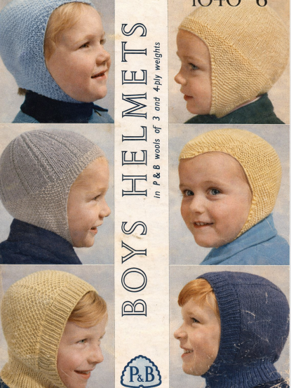 Vintage Knitting pattern for 6 boys helmet hats aged 2-8 years