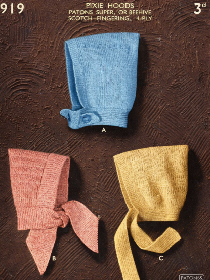 Childrens pixie hood hats- vintage knitting pattern