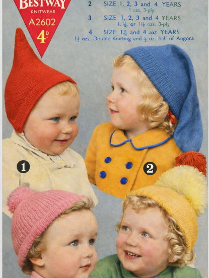 Vintage 1950s knitting pattern for 4 cute childrens hat...