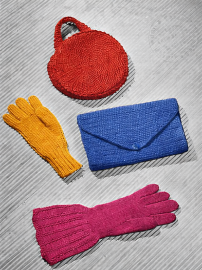 1930s long knitted gauntlet gloves and crochet bags