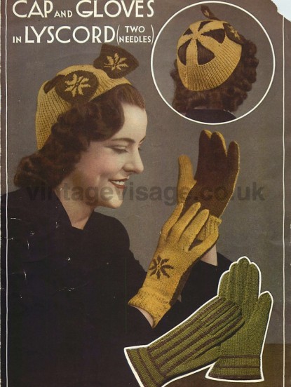 Vintage 1930s Knitting Pattern- Art Deco style Cap hat and gloves