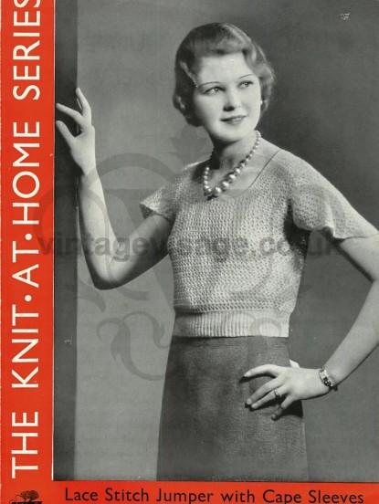 Vintage 1930s Knitting Pattern- retro 1930s Hollywood glamour cap sleeve lace stitch sweater