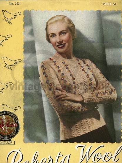 Vintage 1940s Knitting Pattern- embroidered flowers jacket cardigan