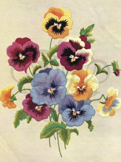 Vintage Embroidered Pansy Flowers- jpeg image